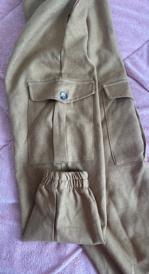 Bej Koton Keten Düğmeli Bol Kesim Kadın Pantolon - Görsel 3