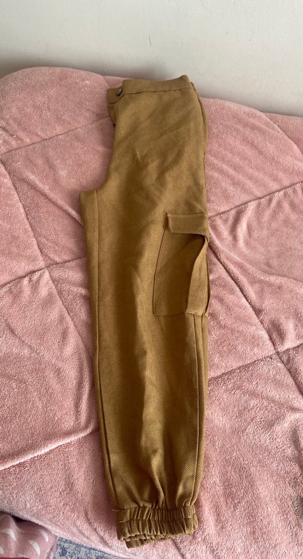 Bej Koton Keten Düğmeli Bol Kesim Kadın Pantolon - Görsel 2