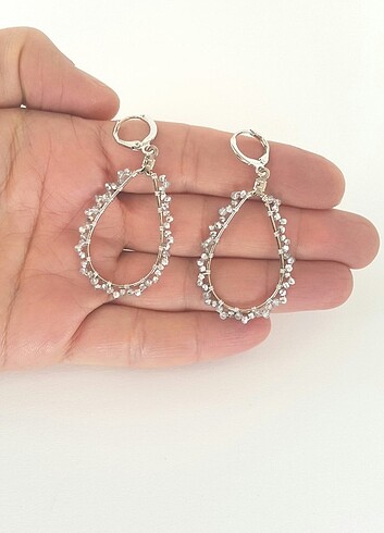Tasarımcı kristal damla küpe gümüş rengi metalik kristal boncuk küpe 