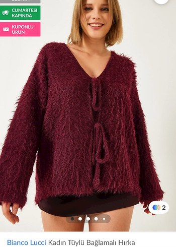 Bianco Lucci Kadın Bordo Tüylü V Yaka Hırka - Görsel 4