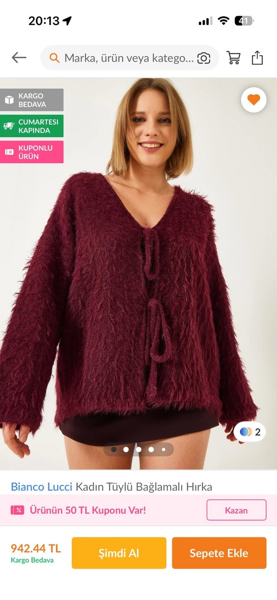 Bianco Lucci Kadın Bordo Tüylü V Yaka Hırka - Görsel 4