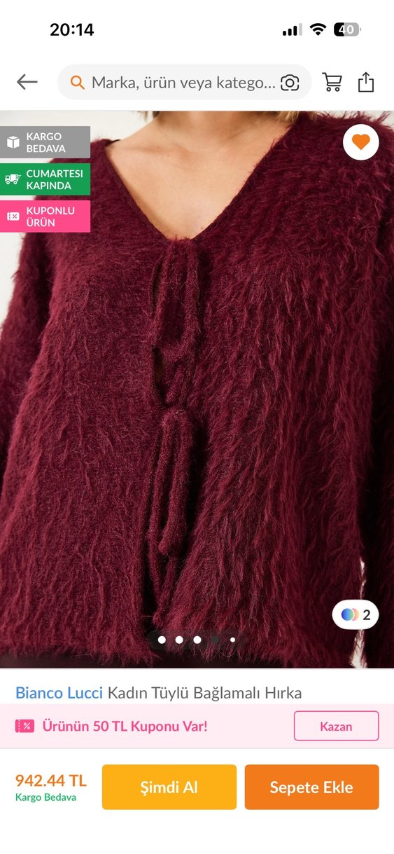 Bianco Lucci Kadın Bordo Tüylü V Yaka Hırka - Görsel 2