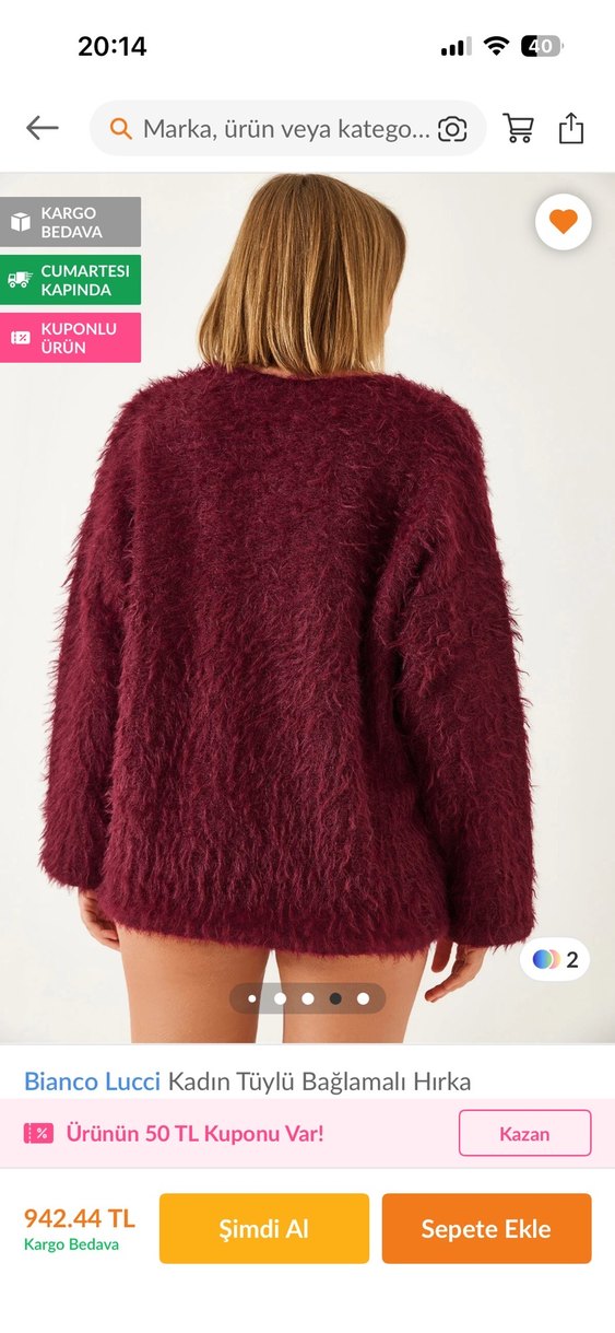 Bianco Lucci Kadın Bordo Tüylü V Yaka Hırka - Görsel 3