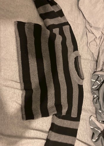 Gri Siyah Çizgili Örgü Kadın Kazak - Görsel 2