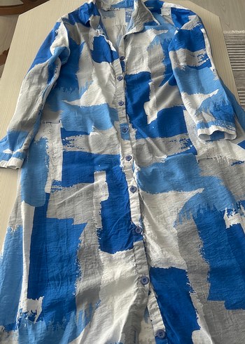 Diğer Mavi Gri Batik Desenli Uzun Keten Gömlek elbise
