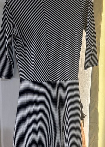 Gri Çizgili Midi Elbise, Kısa Kollu, Fitted - Görsel 2