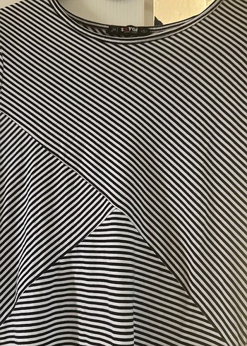 Gri Çizgili Midi Elbise, Kısa Kollu, Fitted - Görsel 3