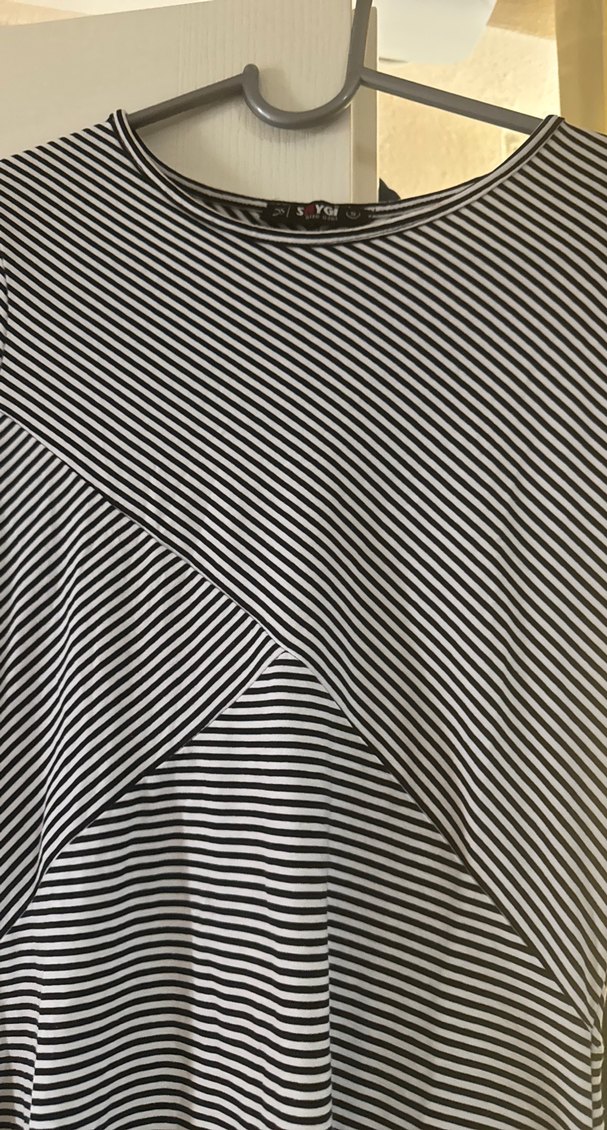 Gri Çizgili Midi Elbise, Kısa Kollu, Fitted - Görsel 3