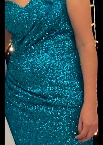 Parlak Turkuaz Çıtır Detaylı Uzun Abiye - Görsel 3