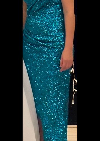 Parlak Turkuaz Çıtır Detaylı Uzun Abiye - Görsel 4