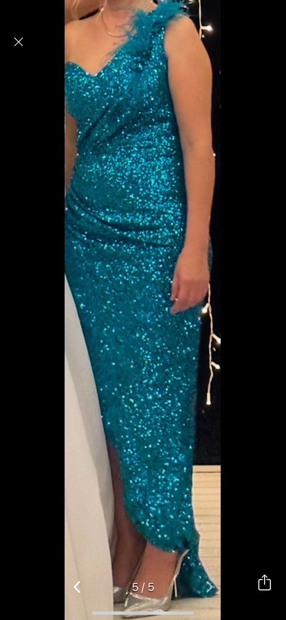 Parlak Turkuaz Çıtır Detaylı Uzun Abiye - Görsel 4