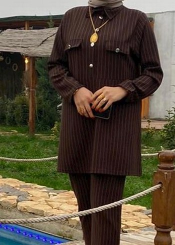 Düğmeli Kahverengi Kadın Uzun Takım Elbise - Görsel 6