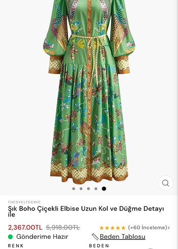 xl Beden Şık Boho Çiçekli Uzun Kollu Elbise