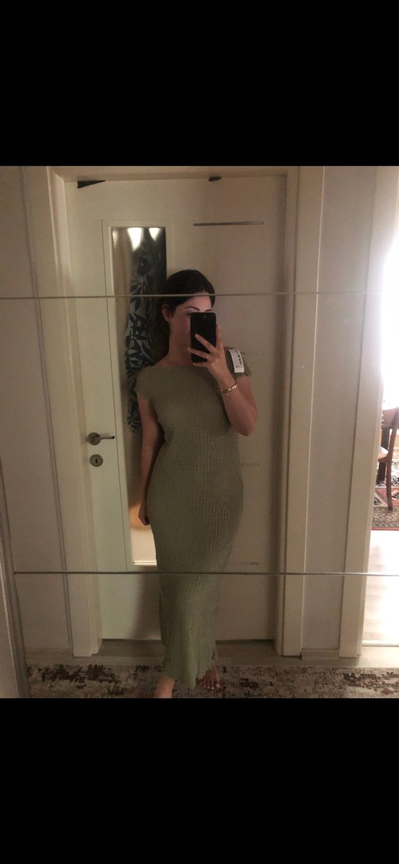 Kadın Haki V Yaka Örgü Uzun Elbise - Görsel 2