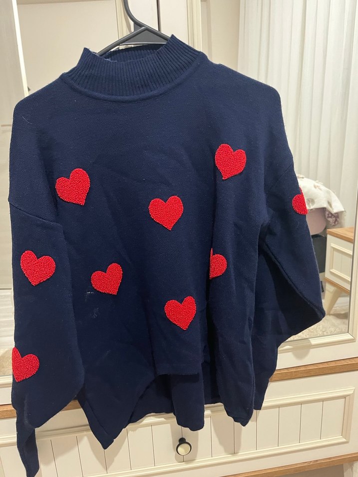 Nakışlı Kalp Desenli Mavi Boğazlı Kazak - Görsel 2