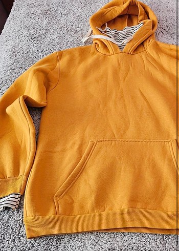 Sarı Kapüşonlu  Sweatshirt çizgili bluz - Görsel 2