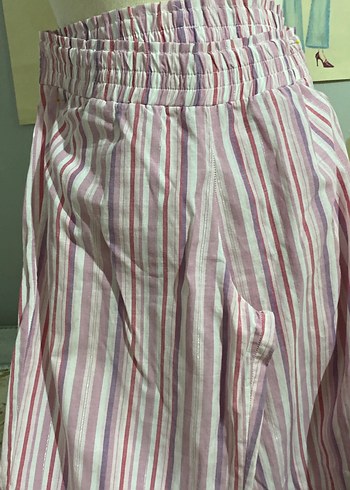 Pembe Çizgili Bol Kesim Midi Kadın Kumaş Pantolon - Görsel 2