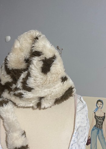 Beyaz Leopar Desenli Bohem Kürk Detaylı çanta şapka takım - Görsel 3