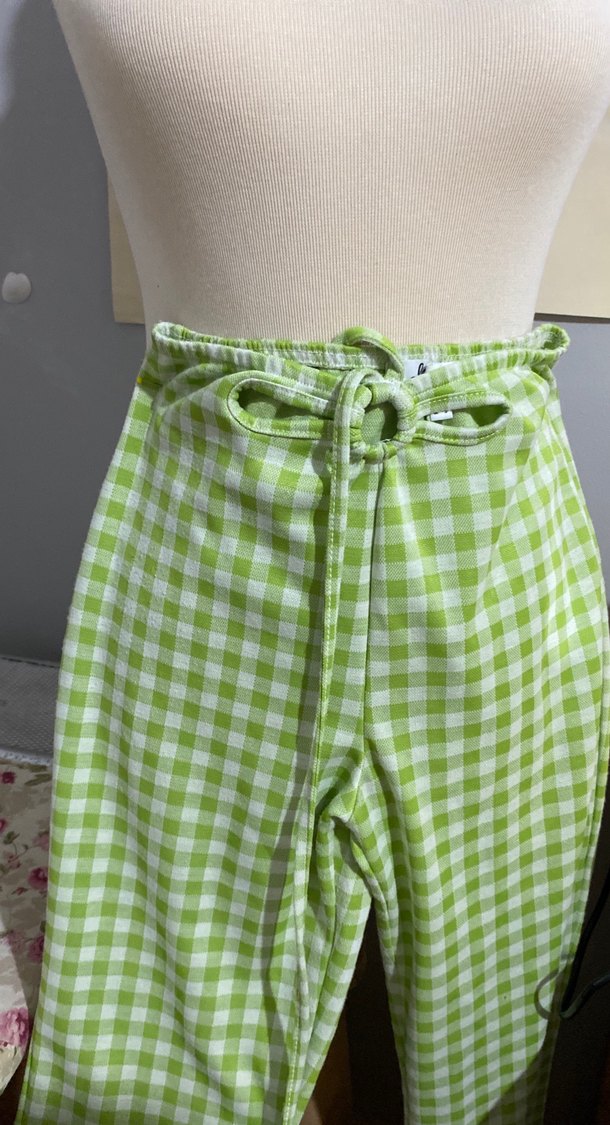 Beli Kuşaklı Yeşil Kareli Kadın Pantolon - Görsel 2