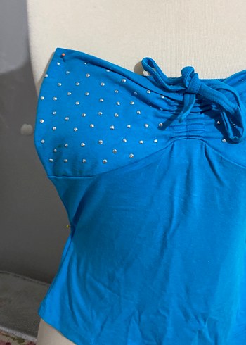 Mavi Parlak Boncuk İşlemeli Straplez Bluz - Görsel 2