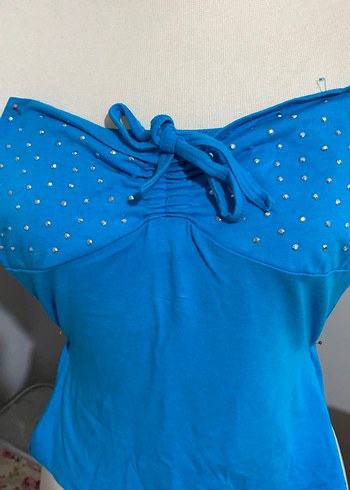 Mavi Parlak Boncuk İşlemeli Straplez Bluz - Görsel 3