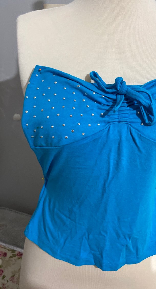 Mavi Parlak Boncuk İşlemeli Straplez Bluz - Görsel 2