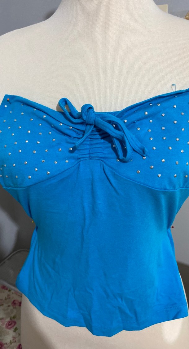 Mavi Parlak Boncuk İşlemeli Straplez Bluz - Görsel 3