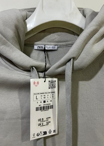 l Beden ZARA Gri erkek Kapüşonlu Sweatshirt