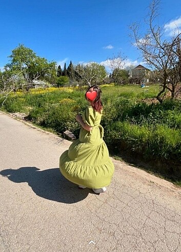 l Beden yeşil Renk balon kol elbise
