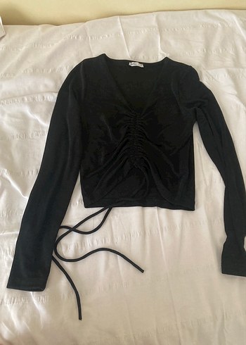 Siyah Uzun Kollu V Yaka büzgülü Gotik Bluz