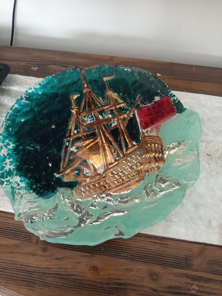 Altın Parlak Yelkenli Gemi figürlü dekor kase 50cm çap ında - Görsel 2
