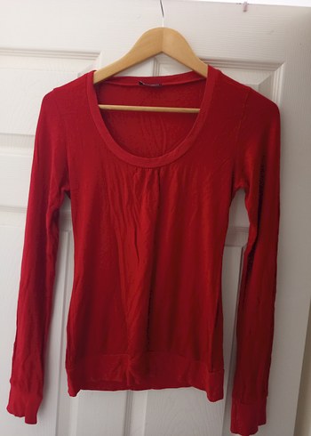 Uzun Kollu Kırmızı Basic Kadın Keten Bluz - Görsel 2