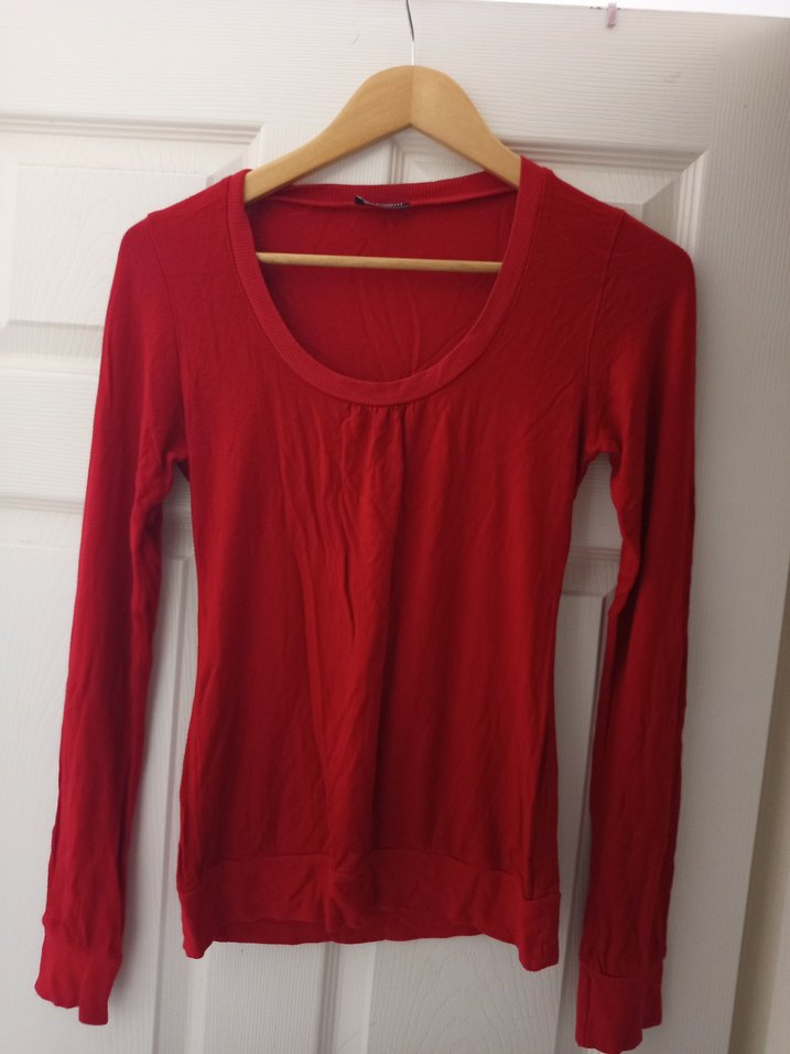 Uzun Kollu Kırmızı Basic Kadın Keten Bluz - Görsel 2