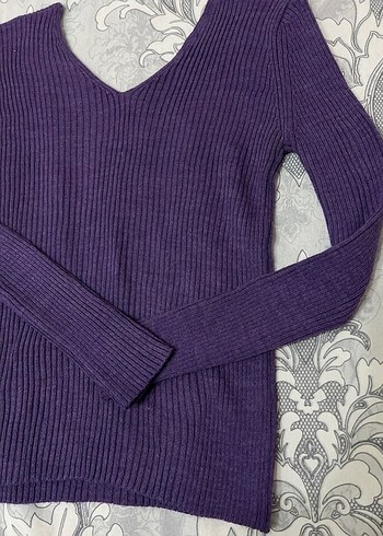 Mor V Yaka Fitilli Kadın Triko Kazak - Görsel 3