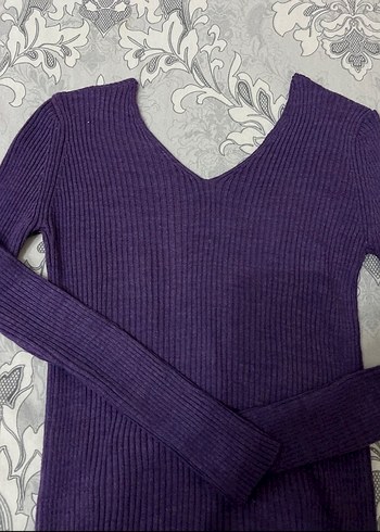Mor V Yaka Fitilli Kadın Triko Kazak - Görsel 2