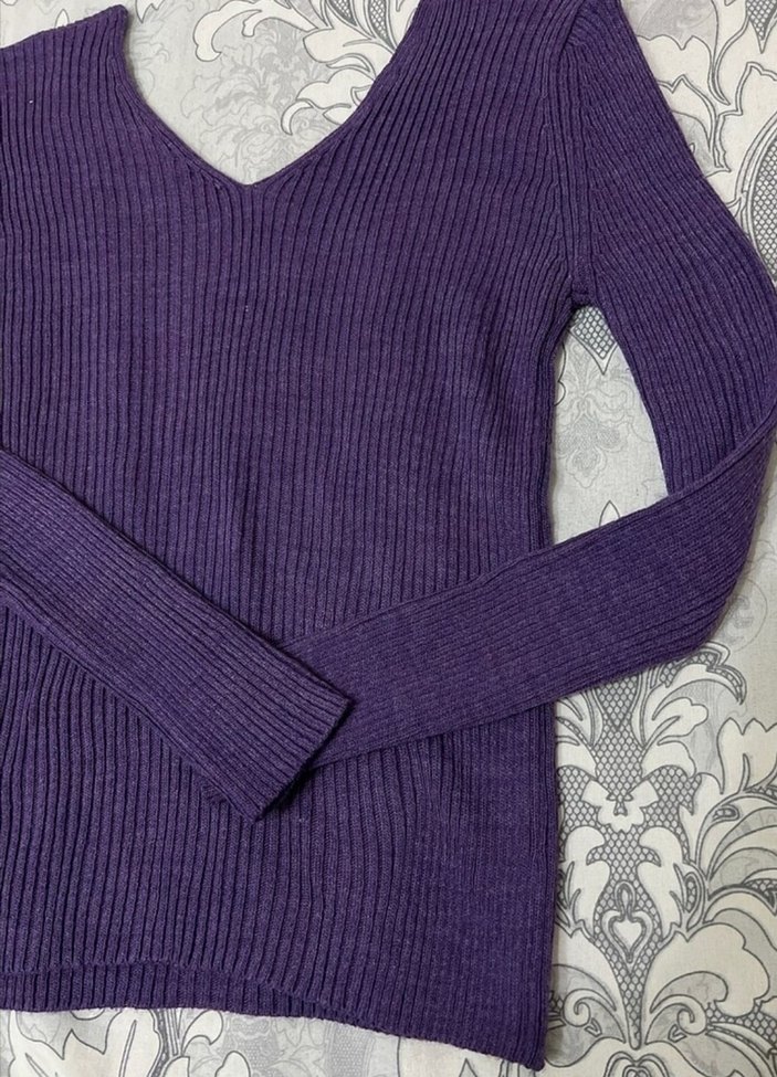 Mor V Yaka Fitilli Kadın Triko Kazak - Görsel 3