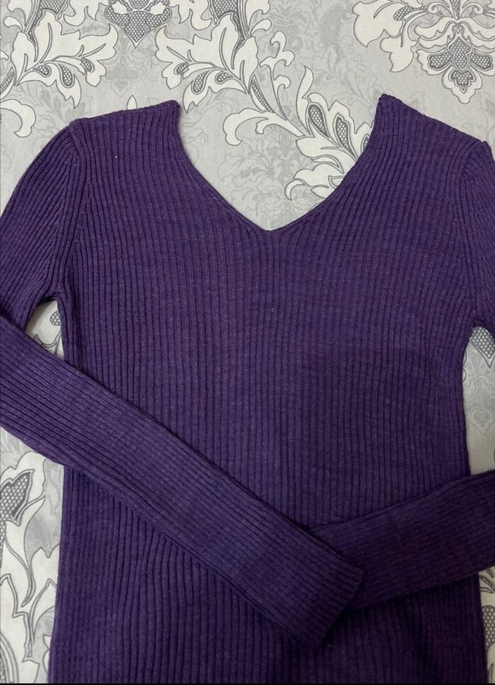 Mor V Yaka Fitilli Kadın Triko Kazak - Görsel 2