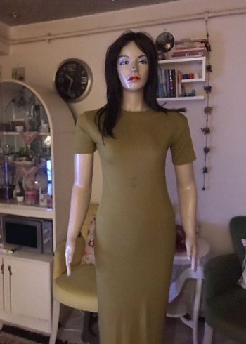 Kadın Haki Uzun Vücuda Oturan Elbise - Görsel 2