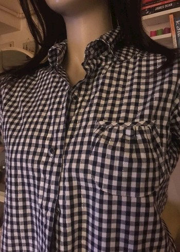 Düğmeli Kısa Kollu Kareli Kadın Gömlek - Görsel 2