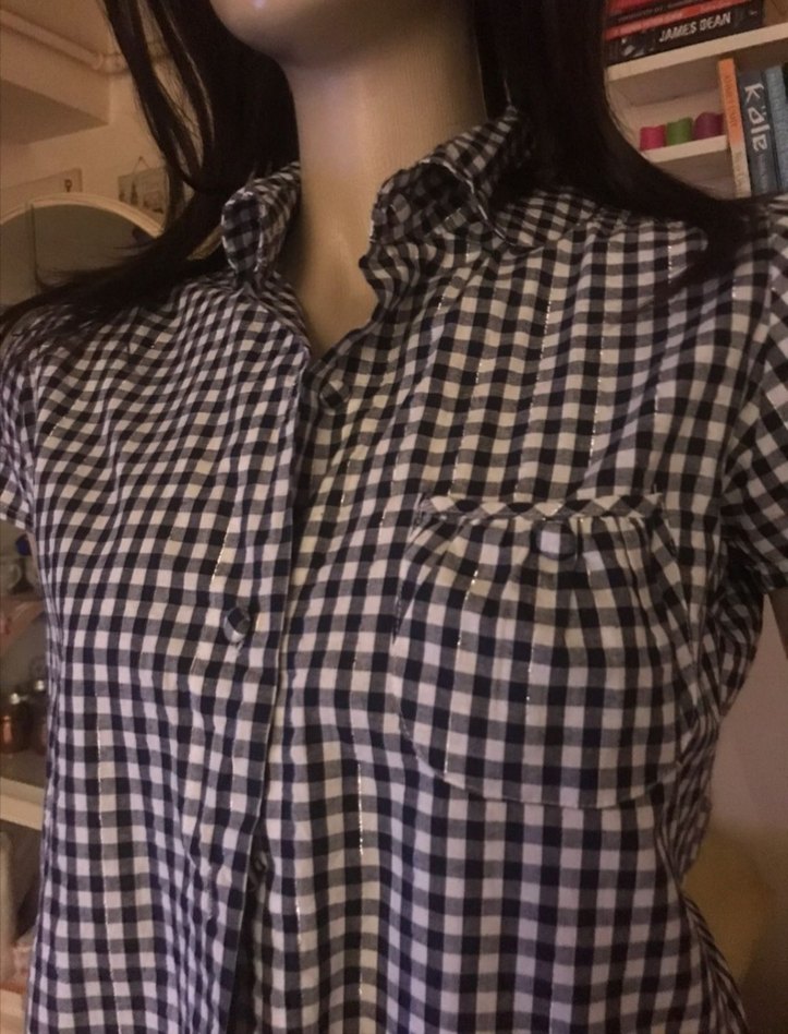 Düğmeli Kısa Kollu Kareli Kadın Gömlek - Görsel 2