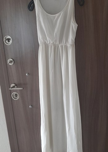 Uzun Beyaz Keten Bohem Elbise - Görsel 2