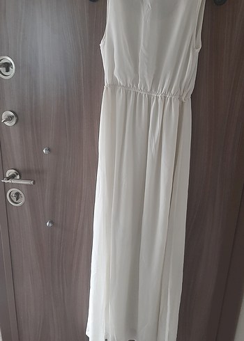 Uzun Beyaz Keten Bohem Elbise - Görsel 3