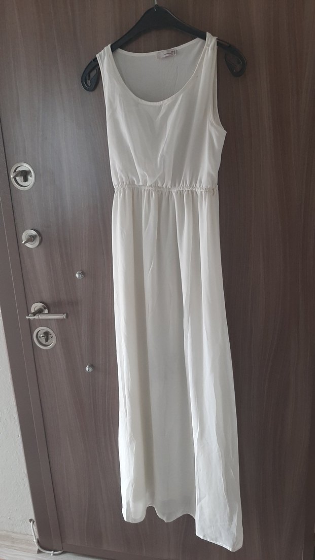 Uzun Beyaz Keten Bohem Elbise - Görsel 2