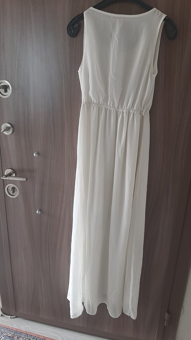 Uzun Beyaz Keten Bohem Elbise - Görsel 3