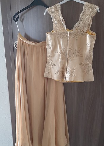 altin renkli Nakışlı Uzun Abiye Elbise.takım - Görsel 6