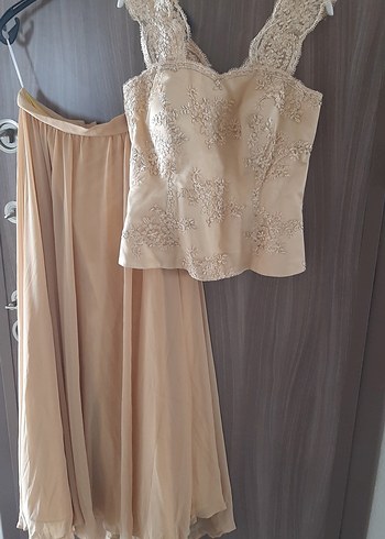 altin renkli Nakışlı Uzun Abiye Elbise.takım - Görsel 5