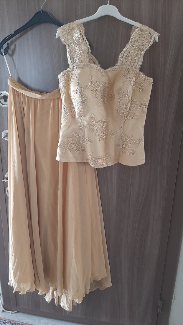 altin renkli Nakışlı Uzun Abiye Elbise.takım - Görsel 5