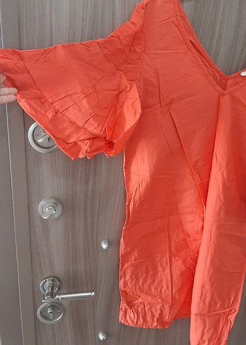 Kırmızı V Yaka Keten Bluz - Görsel 3