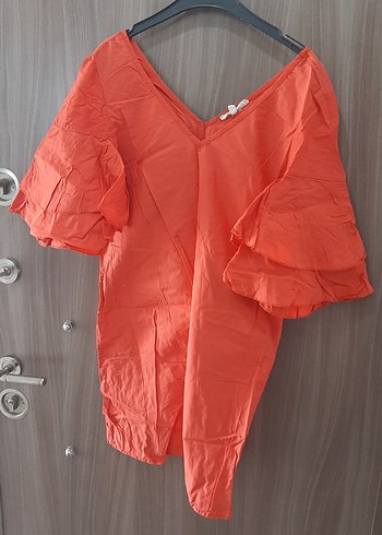 Kırmızı V Yaka Keten Bluz - Görsel 2