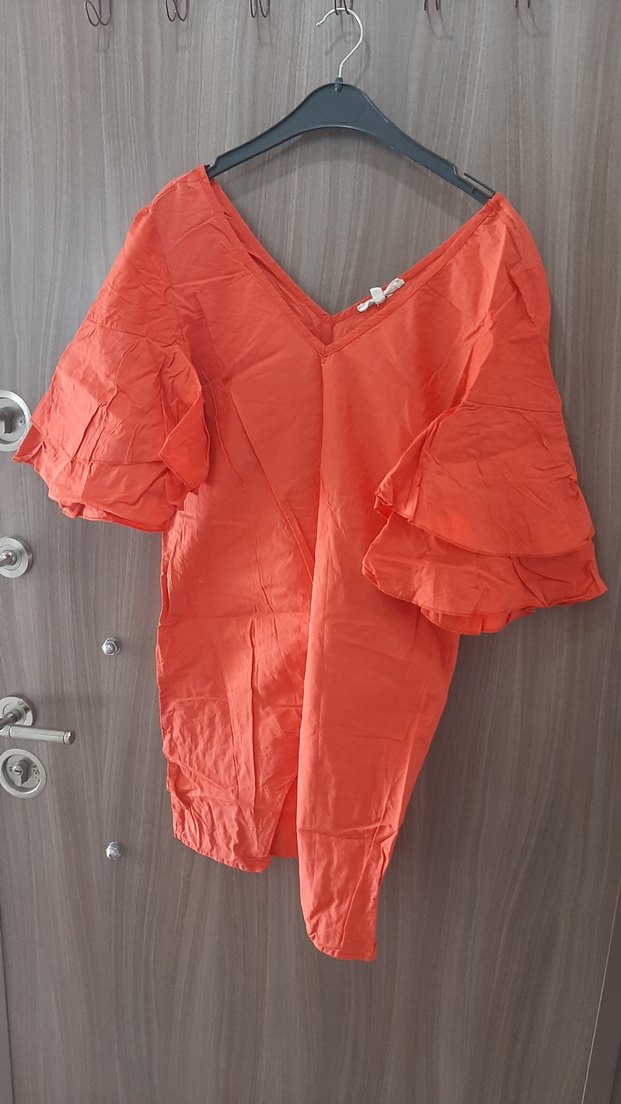 Kırmızı V Yaka Keten Bluz - Görsel 2